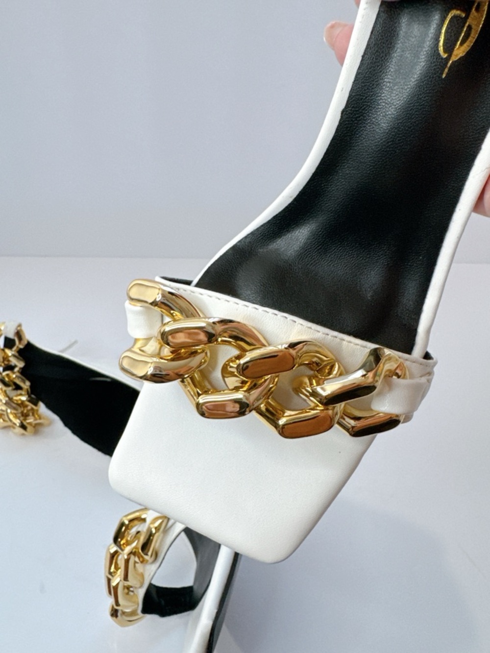 Size 7 White Gold Chain Stiletto Heels Women’s Square Toe Ankle Strap Pumps - Picture 7 of 11